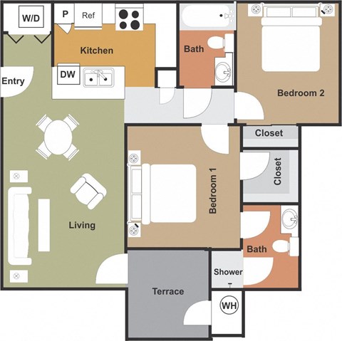 Floor plan for 2 beds, 2 baths, 976 sqft